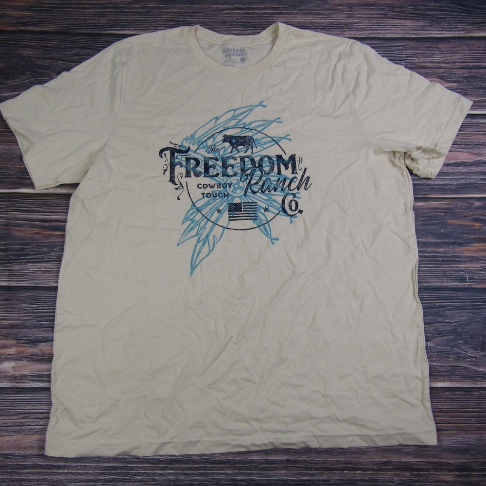 American Highway Adult Mens 2XL Beige USA Cowboy Western Tee T Shirt‎